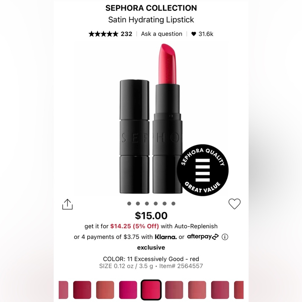 Sephora Satin Hydrating Lipstick in Excessively Good NWT